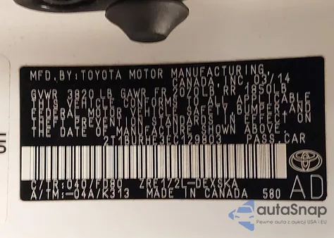 2014 Toyota Corolla S Plus из США, поврежденный, VIN 2T1BURHE3EC129803